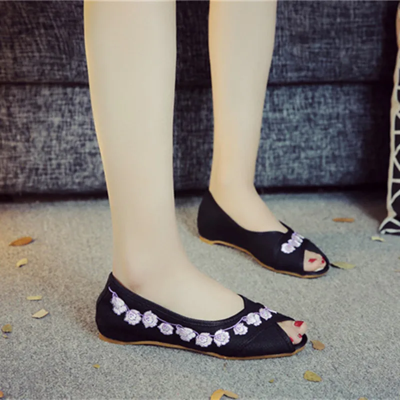 

Open Peep Toe Women Canvas Solid Ballet Flats Flowers Embroidered Ladies Casual Soft Cotton Slip on Spring Summer Shoes Mujer