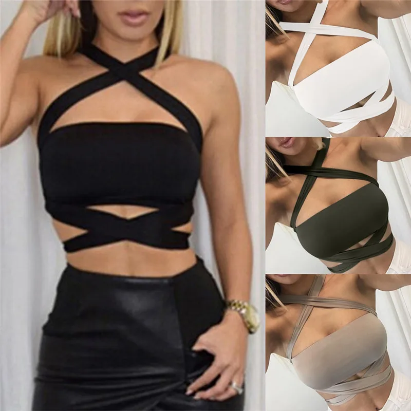 

Women Summer Sexy Cropped Tanks Cut Out Tops Vest Camis Sleeveless Bodycon Bandage Crop Tops Crochet Halter Camisole