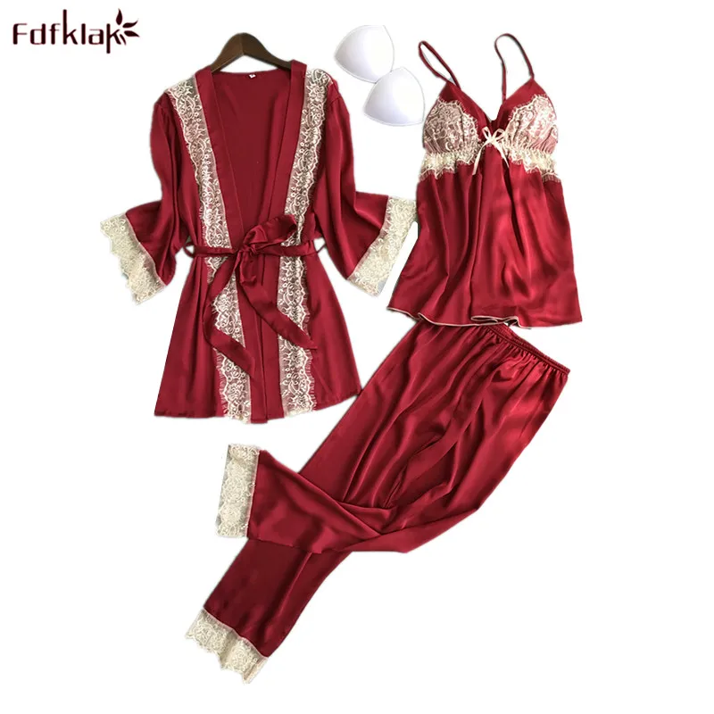 

Fdfklak 2018 New Spring Summer Women's Pajamas Set Lace Nightwear Three Piece Set Robe Home Clothes Sleepwear Pyjamas Women