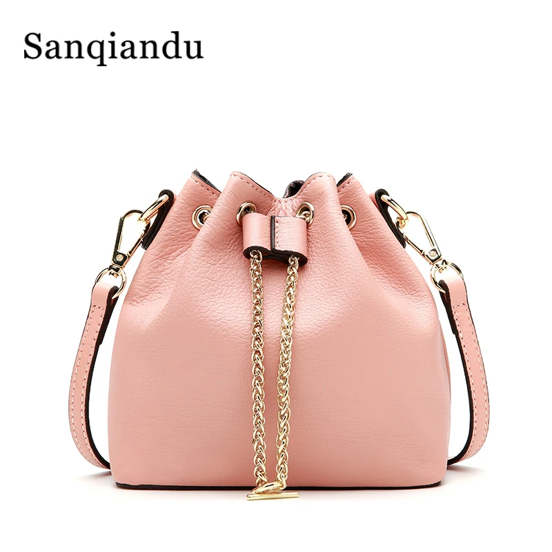 

Brand Small Shoulder Bag for Women Genuine Leather Messenger Bags Ladies Handbag With Chains Female Crossbody Bag Mini Bucket