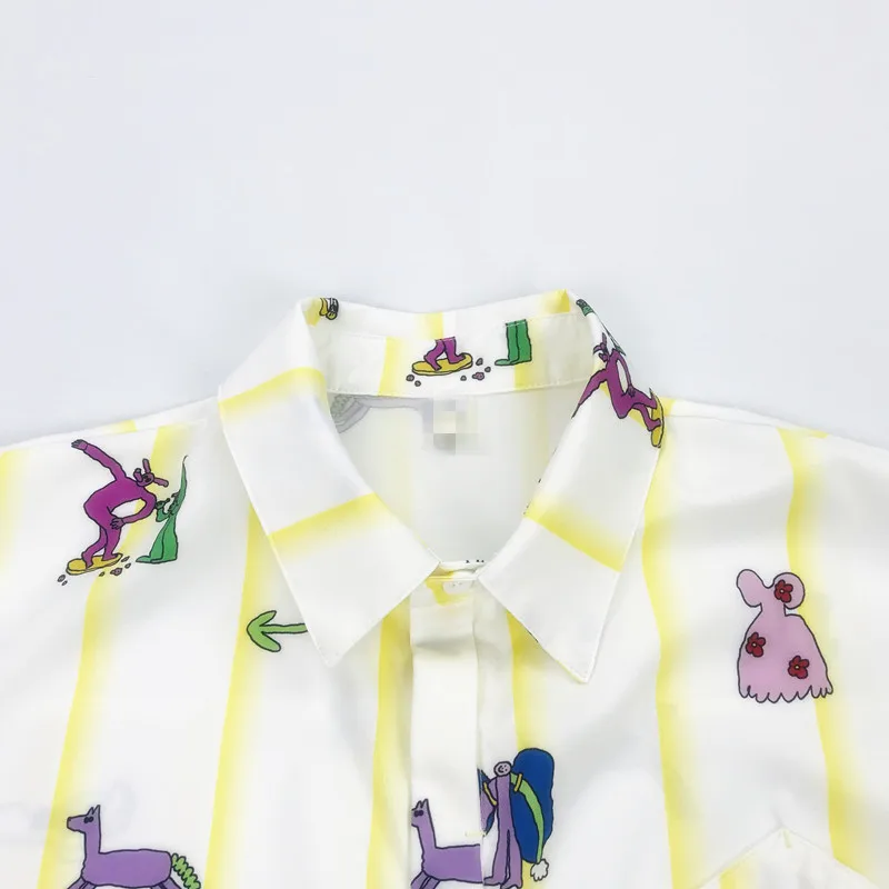 Harajuku, дизайн, летняя женская блузка, короткий рукав, мультяшный принт, желтая полоса, женская Свободная рубашка, топы, Прямая поставка