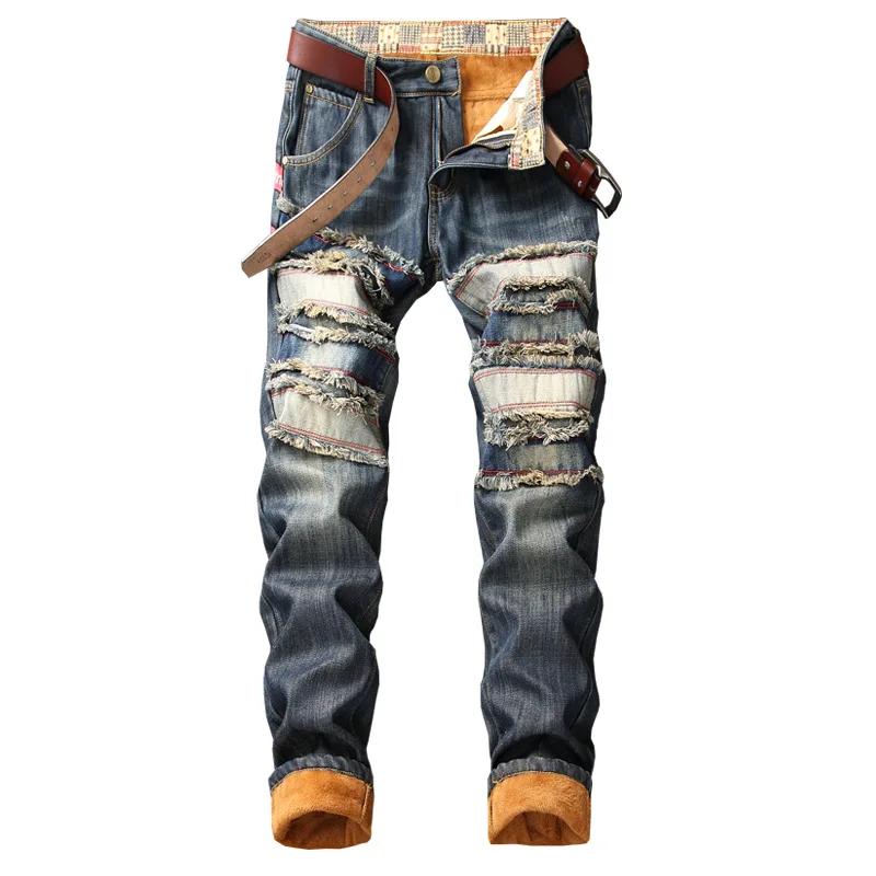 Дизайнерские мужские джинсы с дырками, сохраняющие тепло, высокое качество, рваные джинсы для мужчин, размер 38, 40,, Осень-зима, бархатная уличная одежда в стиле хип-хоп