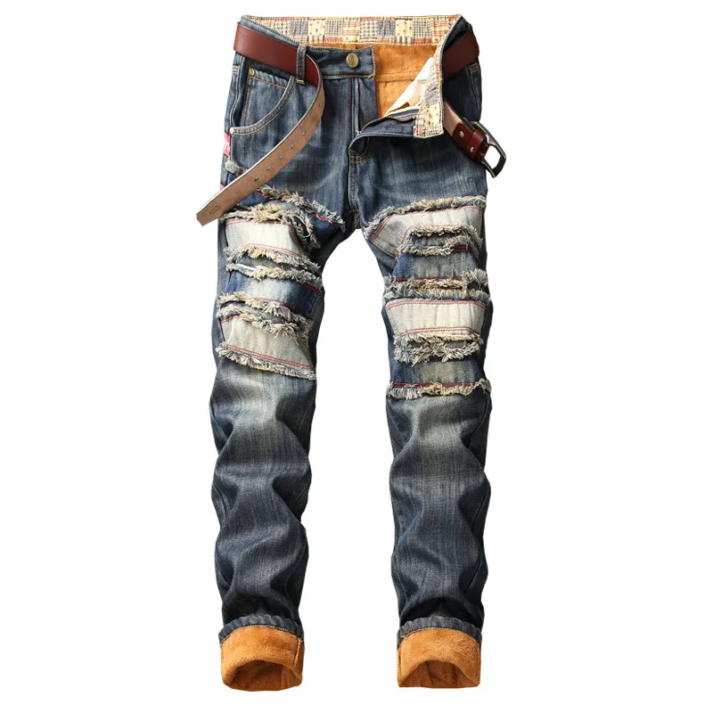 

Denim Keep Warm Designer Hole Jeans Men High Quality Ripped for Men Size 38 40 2019 Autumn Winter Plus Velvet HIP HOP Streetwear