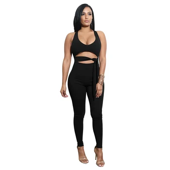 

Wantmove 2019 new summer women jumpsuit sexy solid color hollow out sleeveless lace up o-neck sport women slim jumpsuit WM636