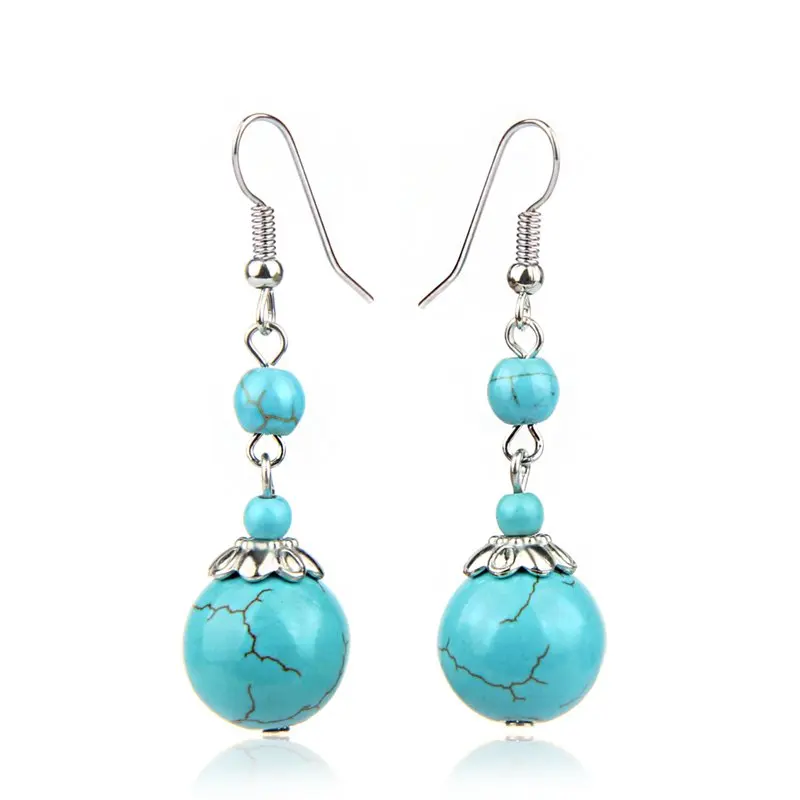 

National Style Retro Female Models Turquoise Earrings Simple Spherical Blue Earrings Jewelry