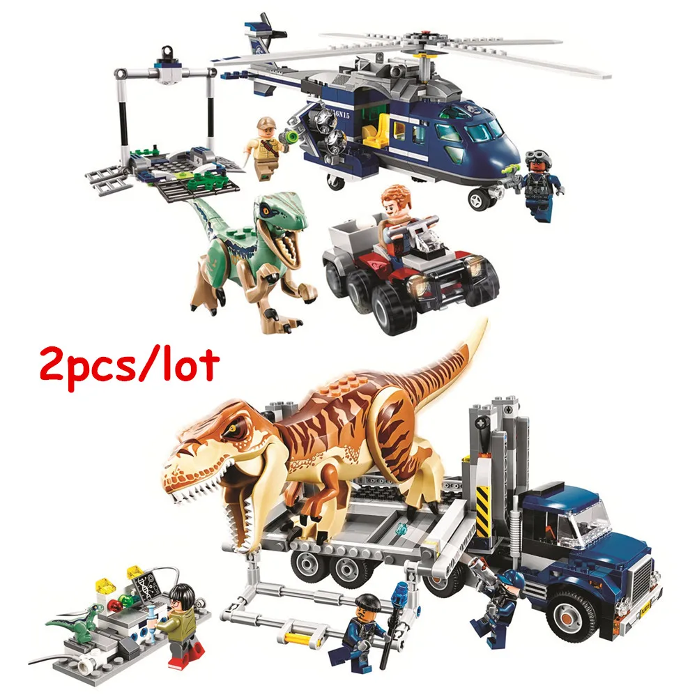 

Jurassic World Park T. rex Transport Blue Helicopter Pursuit Building Blocks kits Classic Movie Model Kids Toys For Children Gif