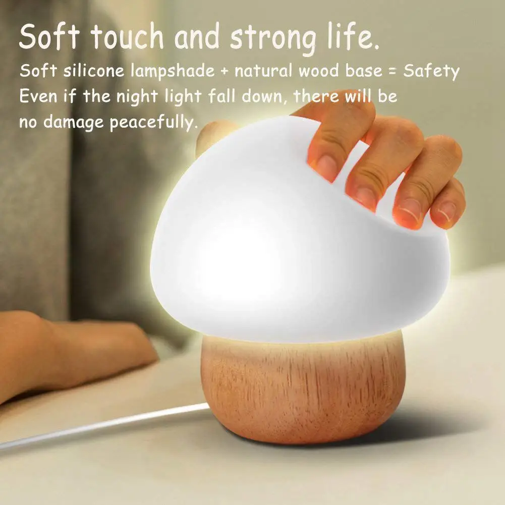 

KARRONG 3W Colorful LED Night Light Wooden Base Silicone Mushroom Sleep Beside Light USB Eyecare Table Lamp with Remote for Kids