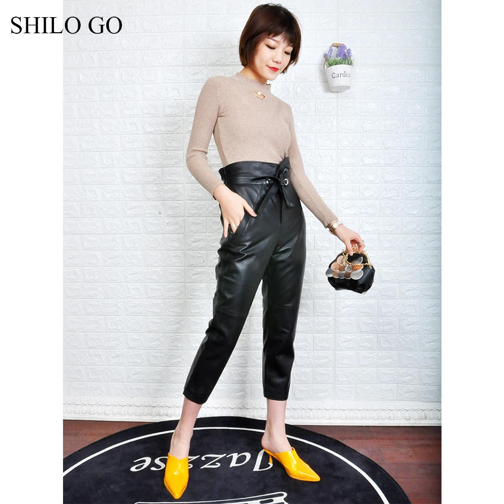 SHILO GO кожаные брюки женские летние модные овчины из натуральной кожи брюки с бантом на поясе с оборками Высокая талия повседневные узкие брюки