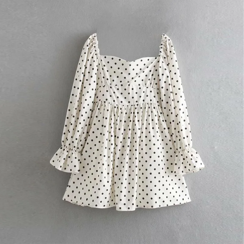 

QZ922 New Fashion Young Lady Classic Black Dot Print Long Sleeve Square Neck Carving High Waist Very Short Dress Mini Vestidos