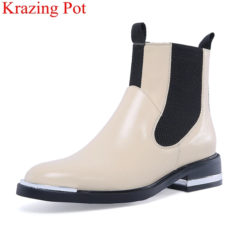 

Krazing Pot 2018 new cow leather round toe solid color ankle boots elastic band square heel sweet office lady winter shoes L0f5