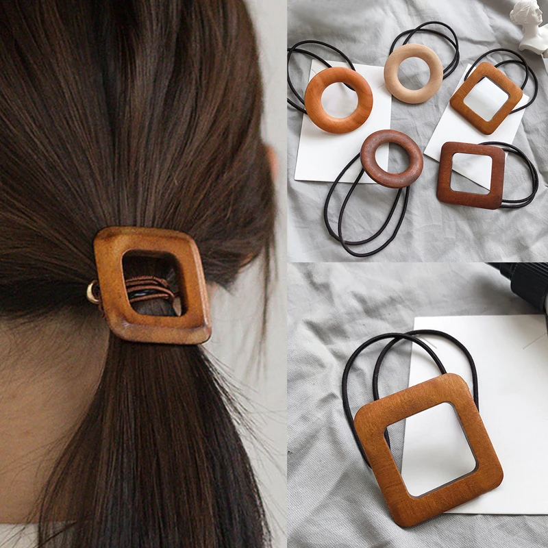 

Chic Retro Circle Wood Hair Ring Hair Rope Mini Geometric Rubber Band Hair Accessories Head Jewelry Elastics Rubber Bands