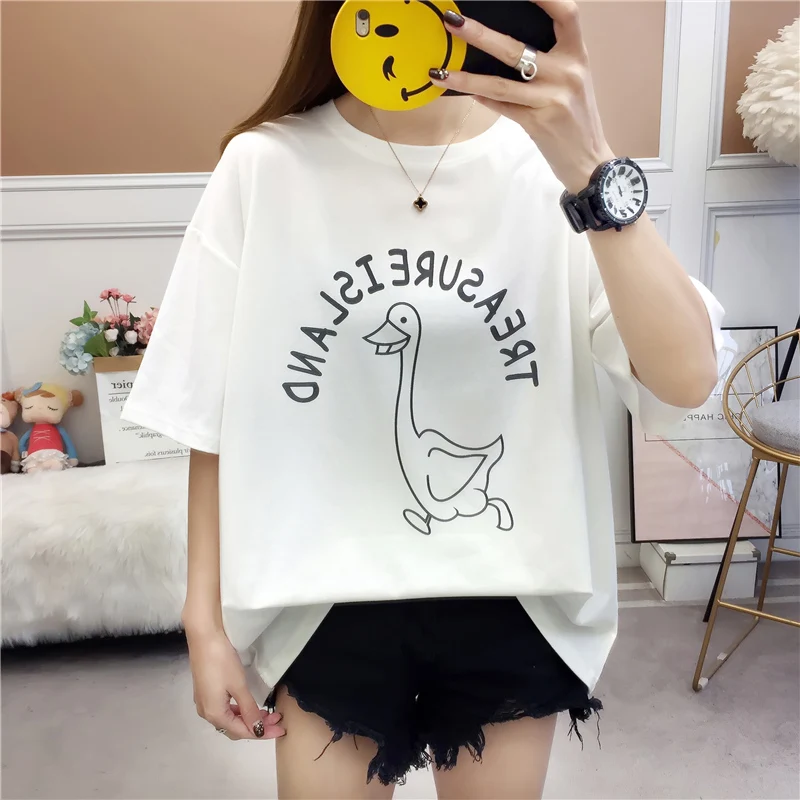 

T-shirt Female Korean Style Casual Hipster T-shirts Basic Short Sleeve Losse Vintage Lips Leopard PrintedTee Tops Cotton