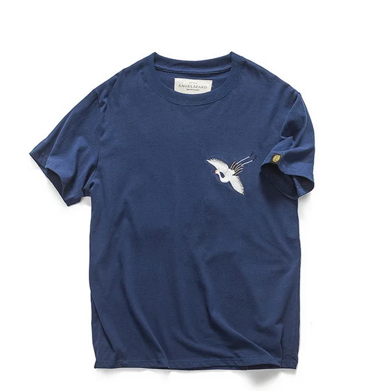 navy blue Красно-коронованный кран вышивка большого размера удобный мужские футболки летний короткий рукав модный топ для мужская с круглым вырезом модные футболки - Цвет: navy blue