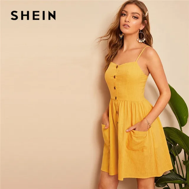 SHEIN Boho Yellow Sleeveless Pocket Patch Button Front Shirred Slip