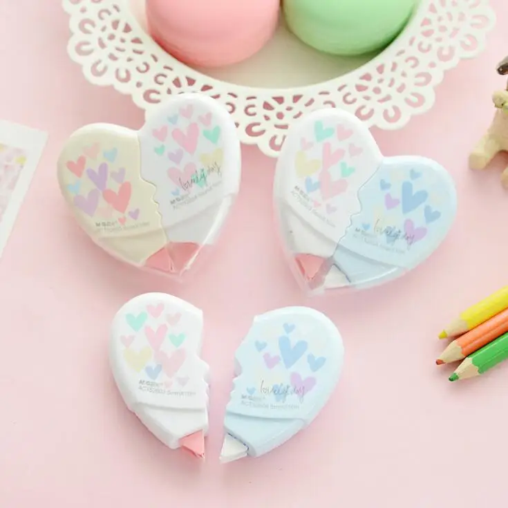 2 개/짝 10M 크리 에이 티브 kawaii 심장 모양 흰색 아웃 수정 테이프 포함 escolar 아이 생일 선물 학교 사무실 문구
