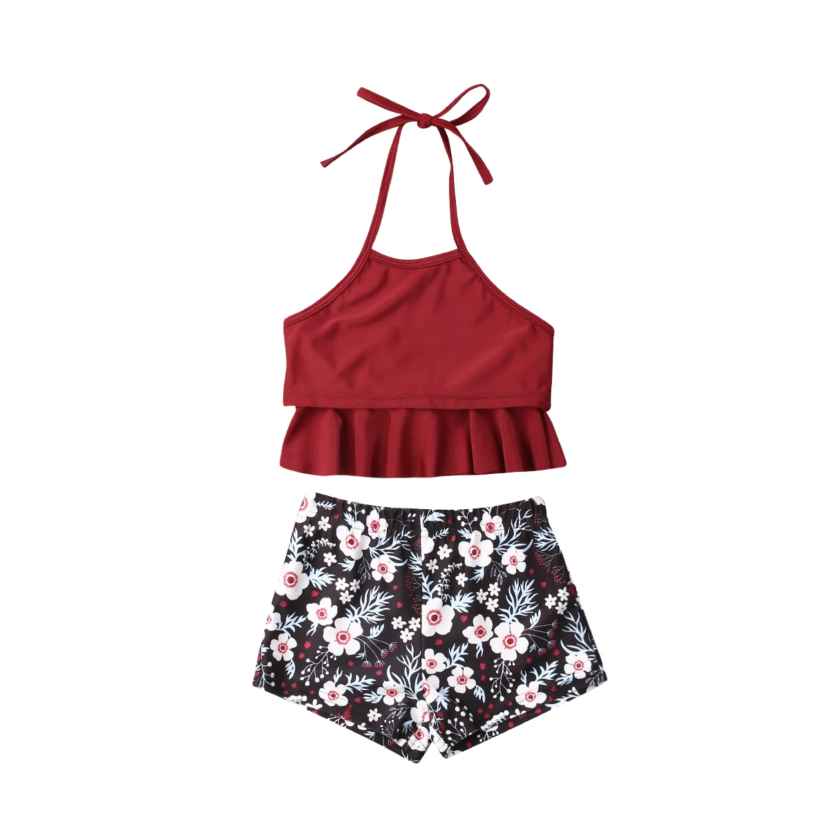 

New Summer Family Matching Floral Swimwear Mother Daughter Women Little Girl Sleeveless Red Flower Print Bikini Bathing Swimsuit