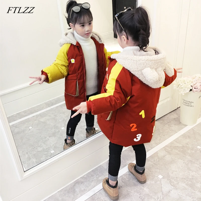 

FTLZZ 2019 Winter Big Girl Cotton-padded Jacket Children's Coat Kids Hooded Outerwear Baby's Warm Down Cotton Children Clothing