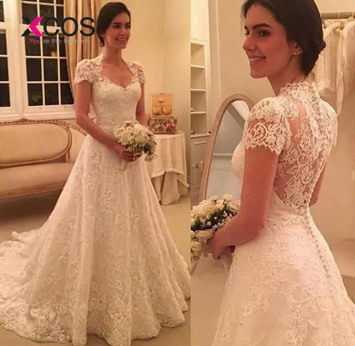

XCOS Backless Cap Sleeve White Bohemian Lace Wedding Dresses 2018 Plus Size Custom-Made A-Line Vestido De Noiva Wedding Dress