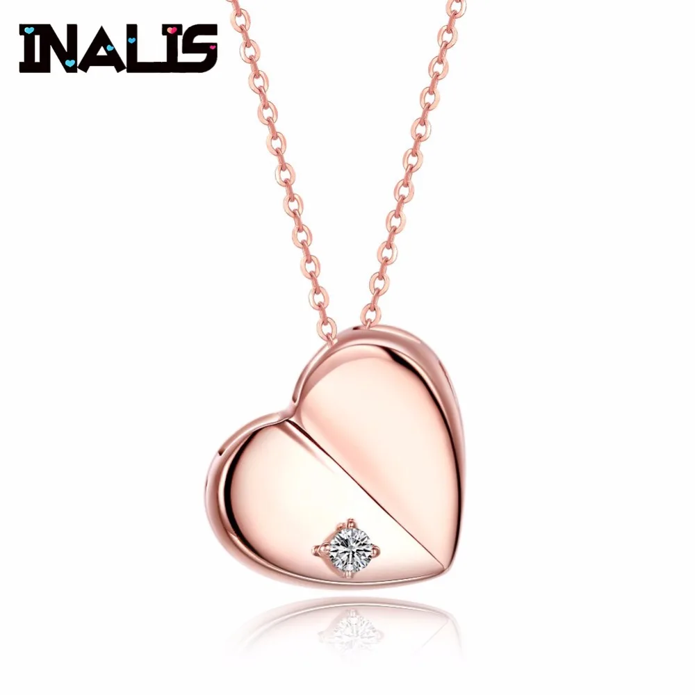 

INALIS Simple Design 925 Sterling Silver Necklace Heart Shape with Single Clear CZ Crystal Pendant Charming for Women Party
