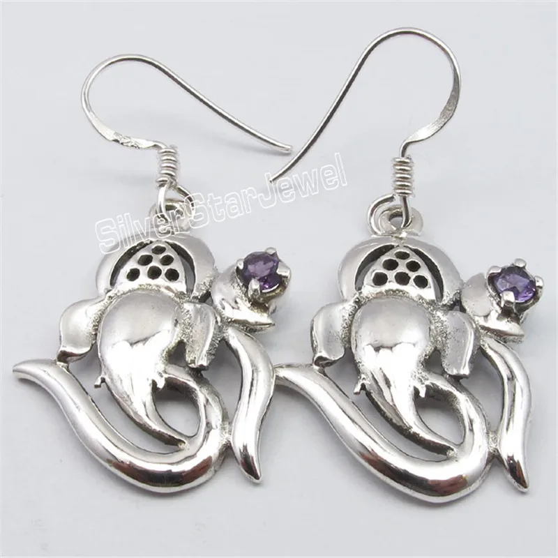 

Solid Silver Real AMETHYSTS OM With Ganesha Beautiful Prayer Earrings 3.8CM Variation
