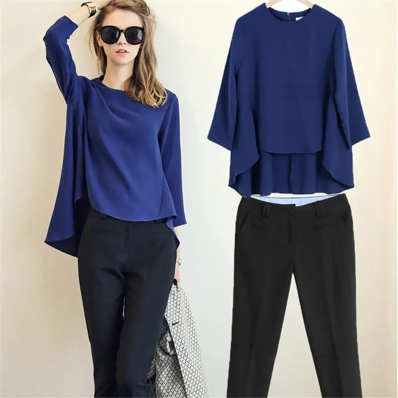 Nuevo 2017 primavera blusa de gasa azul con pantalón negro camisa casual  Camisa de gasa + Pantalones trabajo conjunto más tamaño ropa de las  mujeres|chiffon blouse|blouses plusblue chiffon blouse - AliExpress