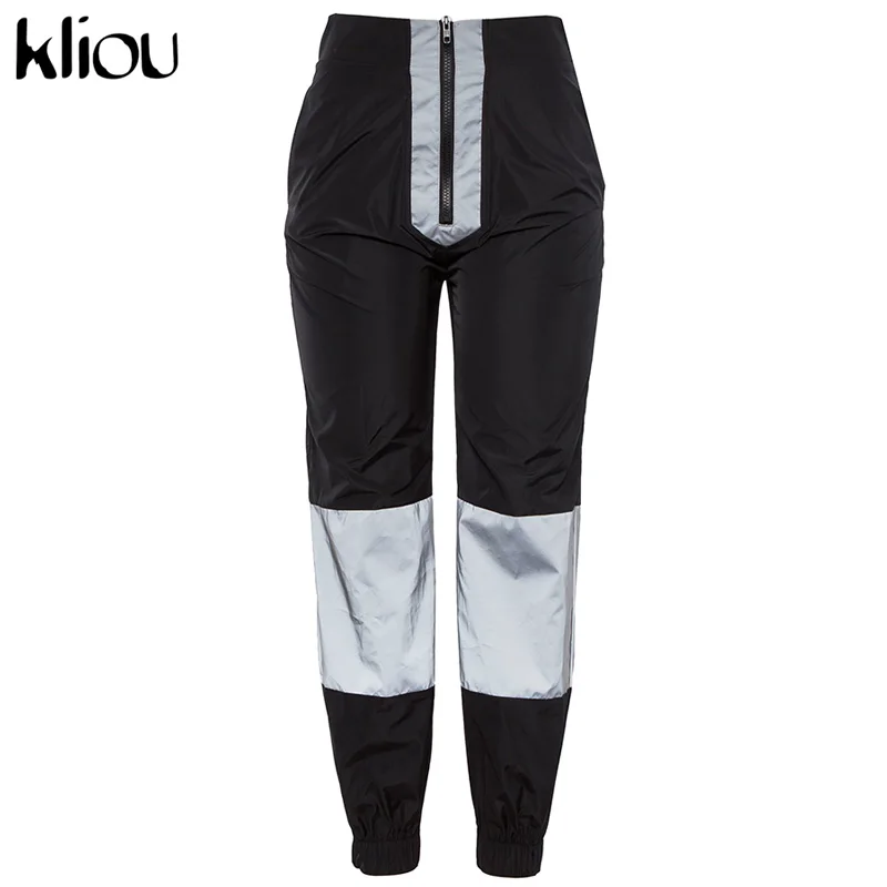 Kliou Новые женские модные длинные брюки со светоотражающими вставками на молнии повседневные штаны на высокой талии - Цвет: Черный
