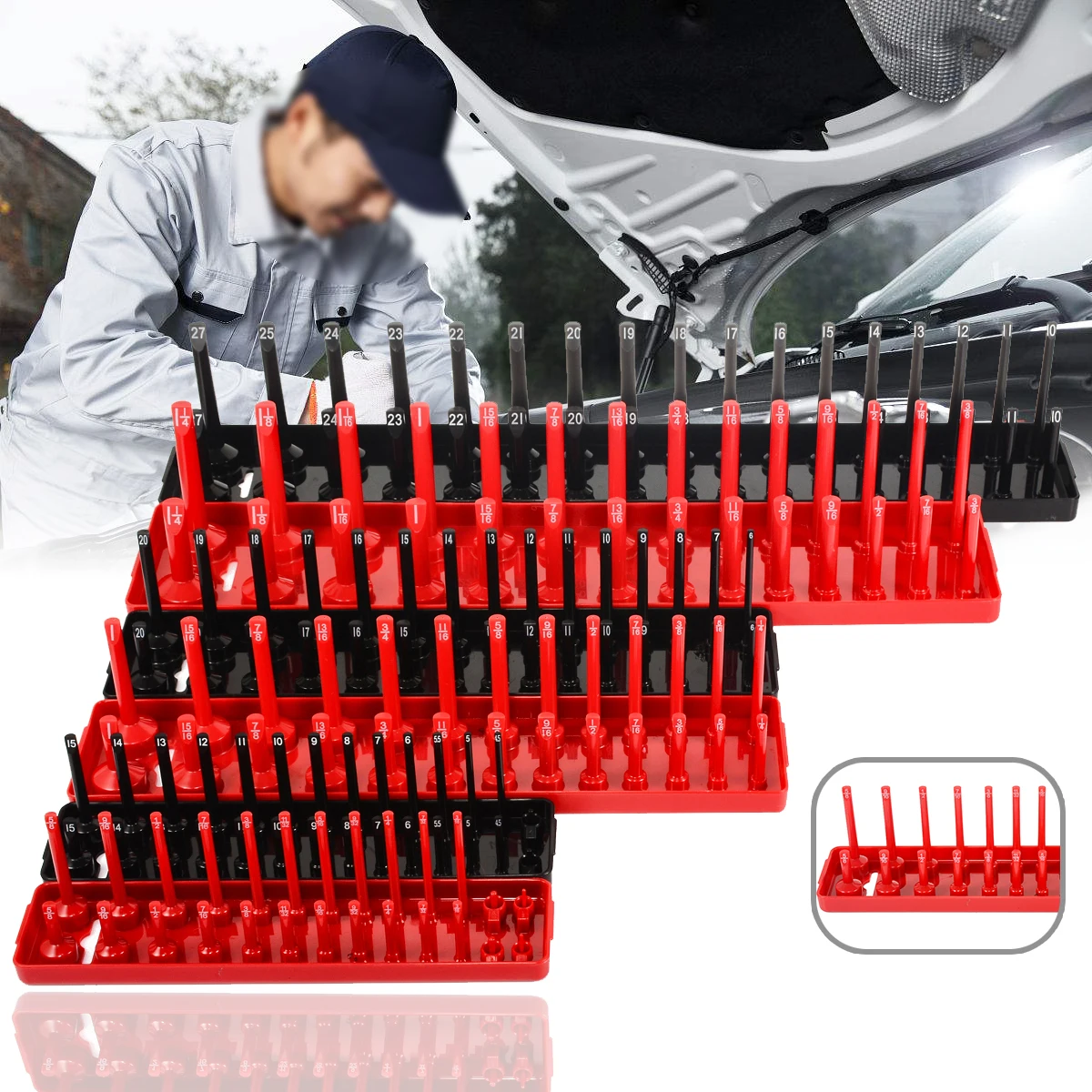 6pcs Multifunctional Socket Organizer Cabinets Collection Tool 1/4" 3/8" 1/2" Metric SAE Socket Tray Rack Holder Garage Tool
