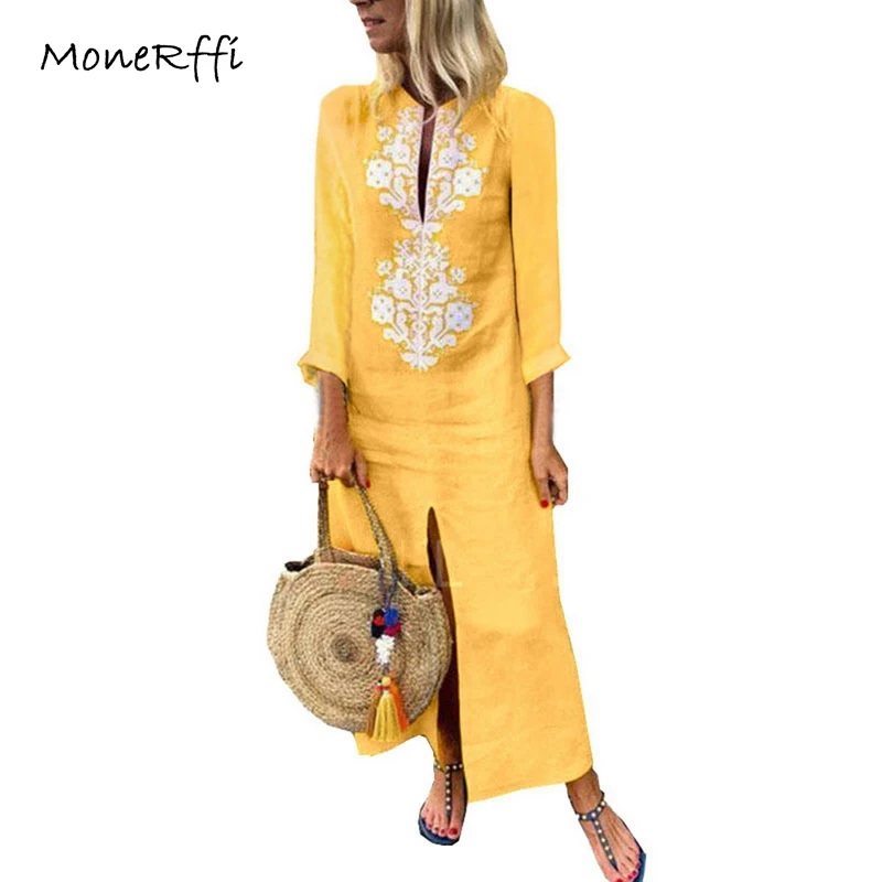 

MoneRffi Women V-Neck Long Sleeve Dress Cotton Linen Dress Mujer Vestido 2019 Autumn Vintage Embroidery Ethnic Beach Boho Dress