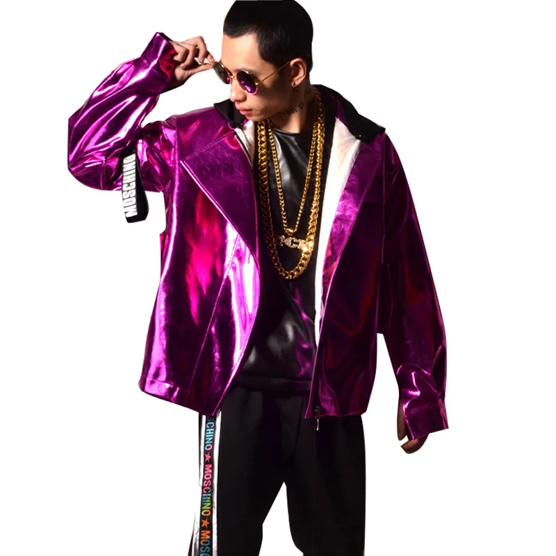 Mannen Vrouwen Hip Hop Stijl Hooded Leren Jas Losse Baseball Paars PU Jas Mannelijke Night Bar Show Kostuums Jas
