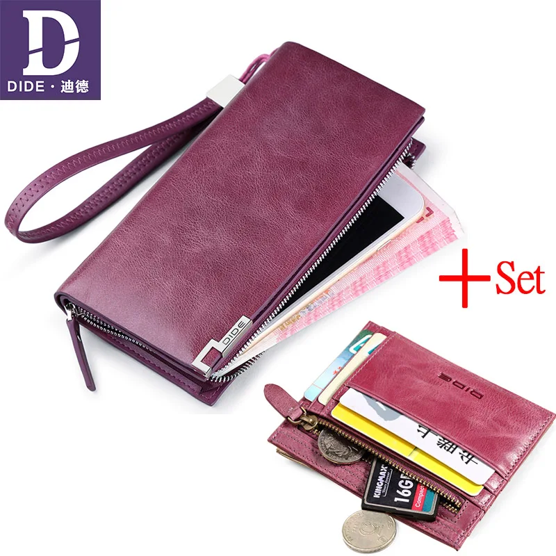 

DIDE Genuine Leather long/short Wallets Two pieces Set Wallet Female Women Zipper Purse Strap Coin Purse For iPhone Clutch Bag