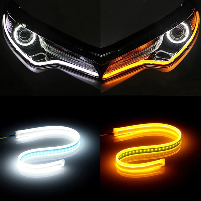 Tira Flexible de luces LED para coche, tira de luces de circulación diurna  de 30CM, 45CM y 60CM, color blanco y ámbar, 1 par - AliExpress