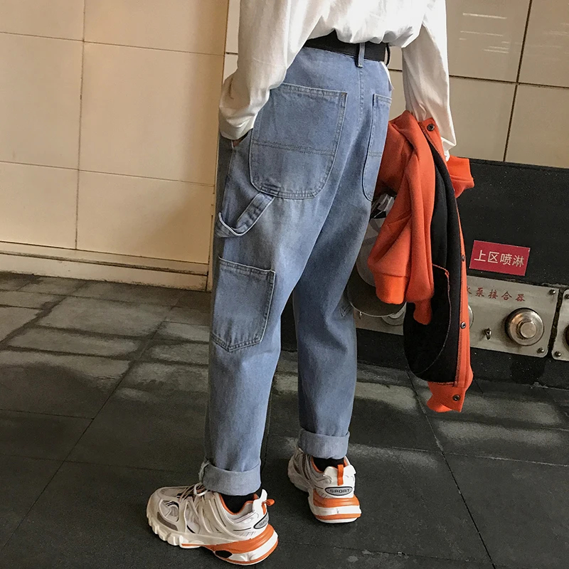 2019 корейские мужские повседневные свободные классические синие широкие брюки с