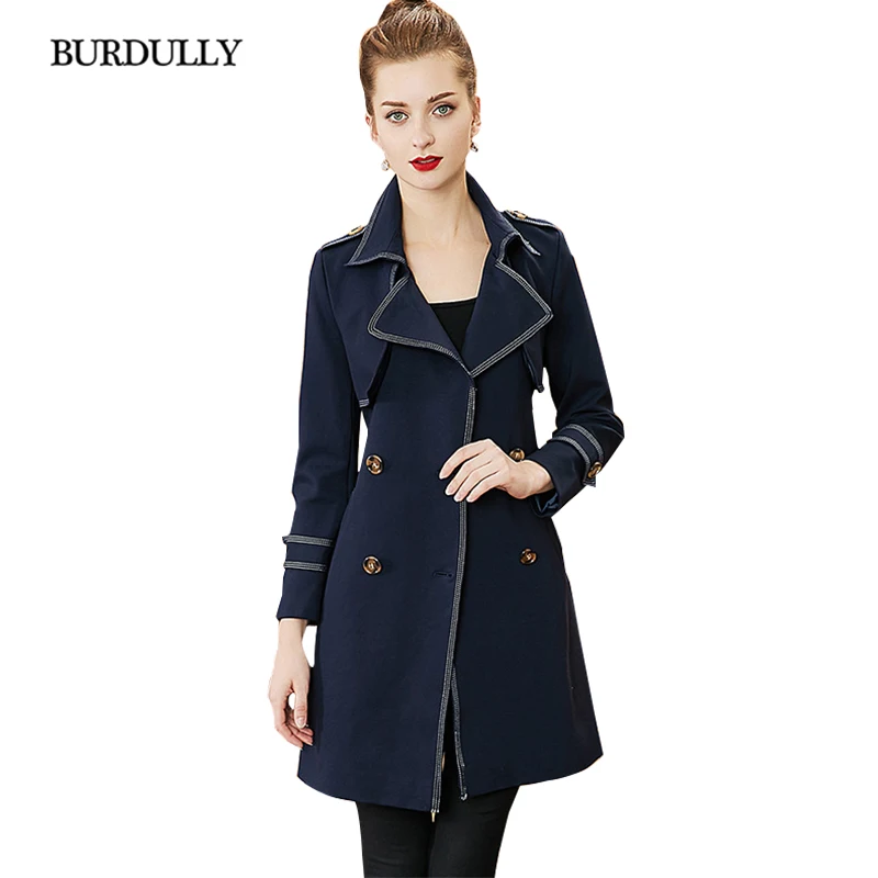 Beste BURDULLY vrouwen 2018 Nieuwe Gebreide Turn down Kraag Double Breasted Lange Klassieke Windjack Trenchcoat Kantoor Dame Mode