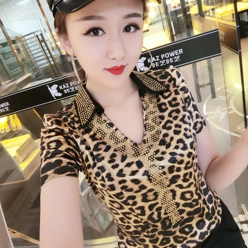 

Fashion Diamonds 2019 New Summer TShirt V-Neck Short Sleeve Women Leopard Tops Camiseta Mujer Tshirt Woman Casual T94501