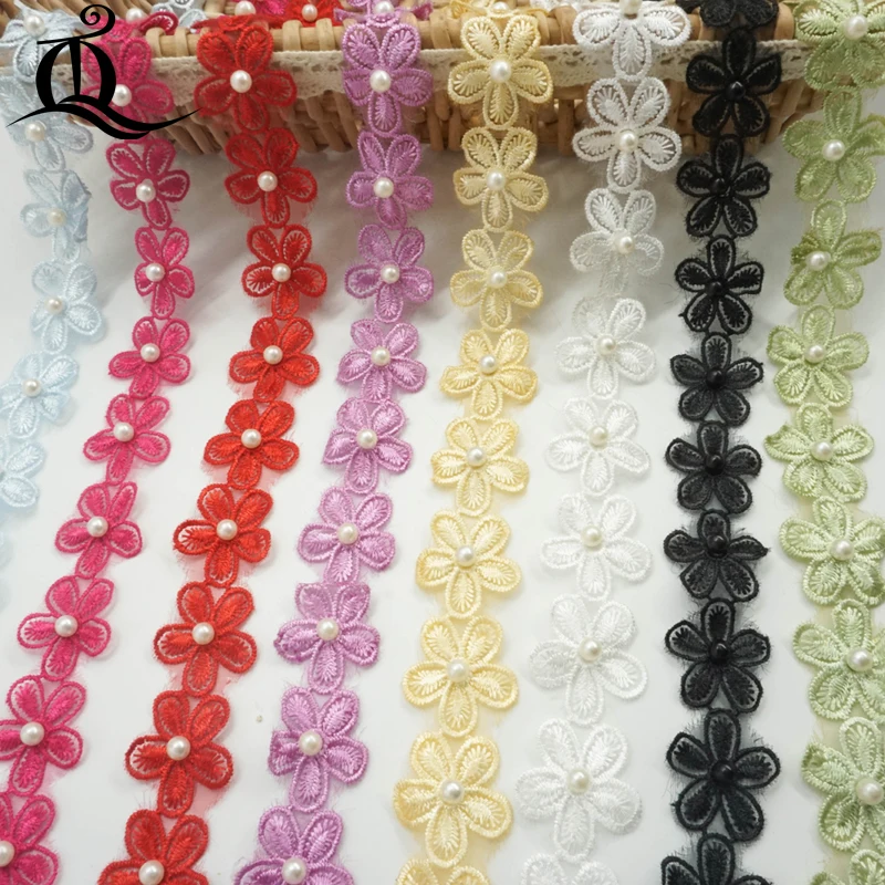 

New Hot 28mm 1yard/lot Craft Braided pearl handmade colorful flower embroidered Lace ribbon trim sew on lady overcoat dress DIY