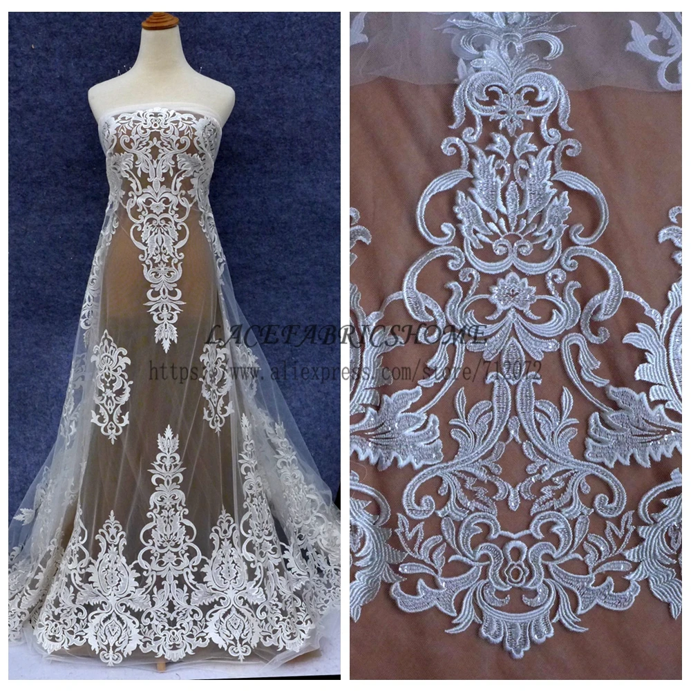 

New fashion good quanlity Off white rayon with clear shining sequins on netting wedding/brides/evening dress lace fabric