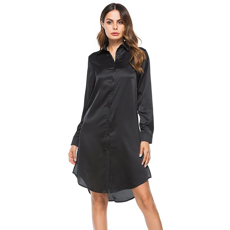 

Black Shirts Dress Women Floral Embriodery Side Split Irregular Button Elegant Dresses New 2019 Spring Vestidos XL Female Girls