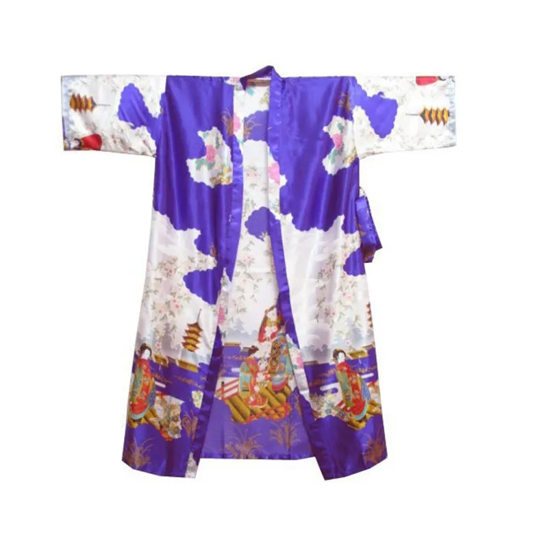 Темно-синий китайский женский шелковый халат кимоно банное платье Ночная рубашка Размеры S M L XL XXL XXXL W4S003