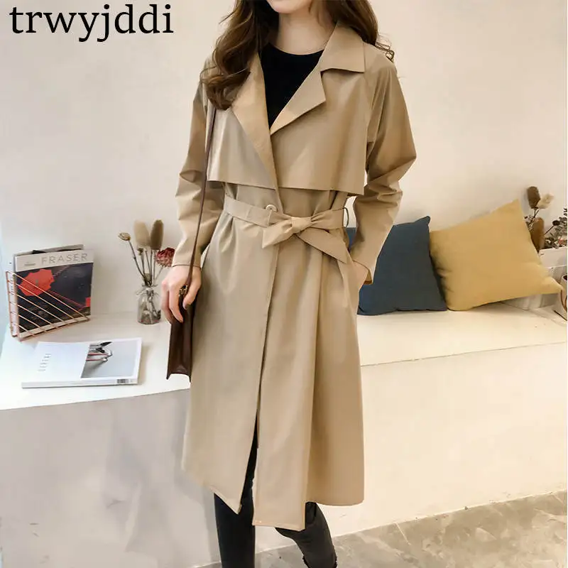 

2019 Spring Autumn New Korean BF Windbreaker Coats Long section Plus Size Loose Women Long-sleeved Trench Coat N389