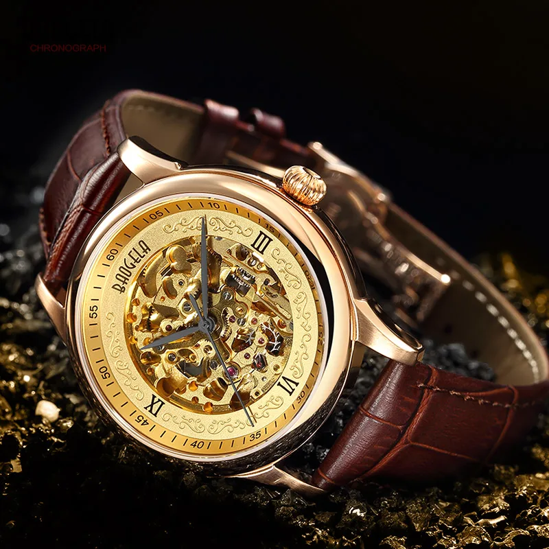 

BAOGELA Hand Wind Mechanical Wrist Watches for Men Simple Analog Skeleton Army Clock Watch Man Relogio Masculino 1710-Brown