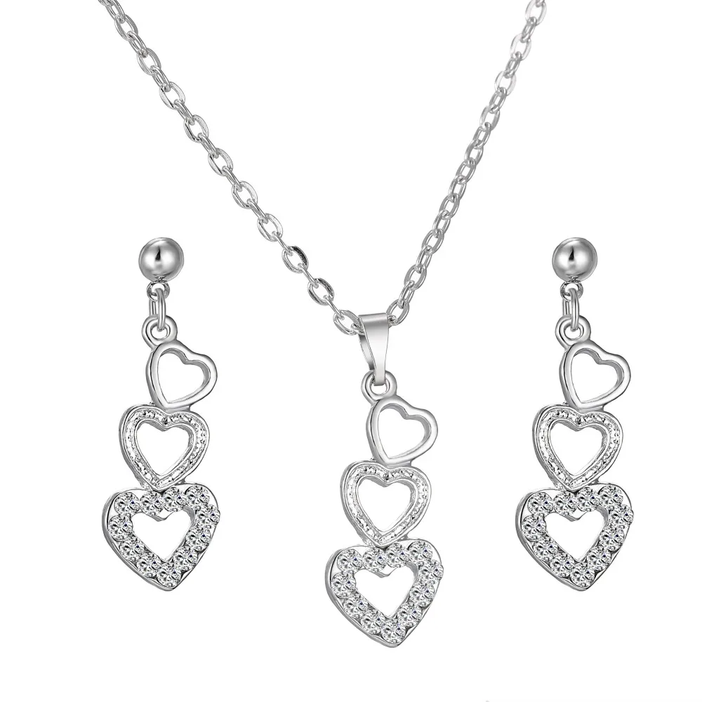 Heart Jewelry Set Fashion Love Heart Pendant Necklace Silver Jewelry