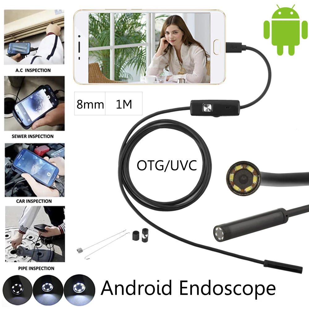 

8mm 1M Soft Wire Android USB Endoscope Camera Inspection Android Phone USB Borescope Mini Camera Car Repair