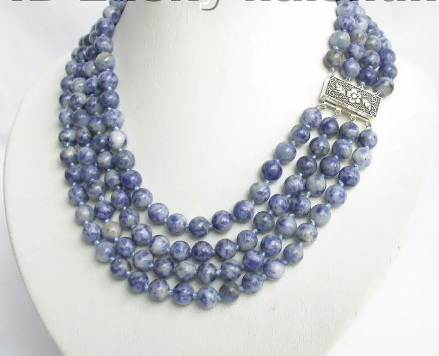 

Free Shipping >>Genuine 4rows 8mm 17" round blue jade necklace 925ss j4140