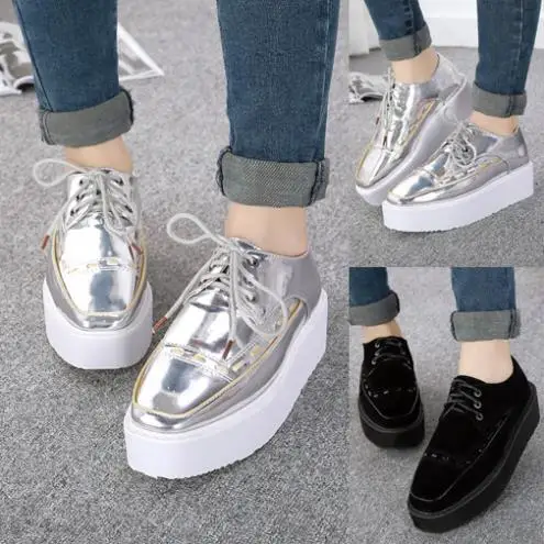 Womens Lace Up Metallic Shoes Creepers 