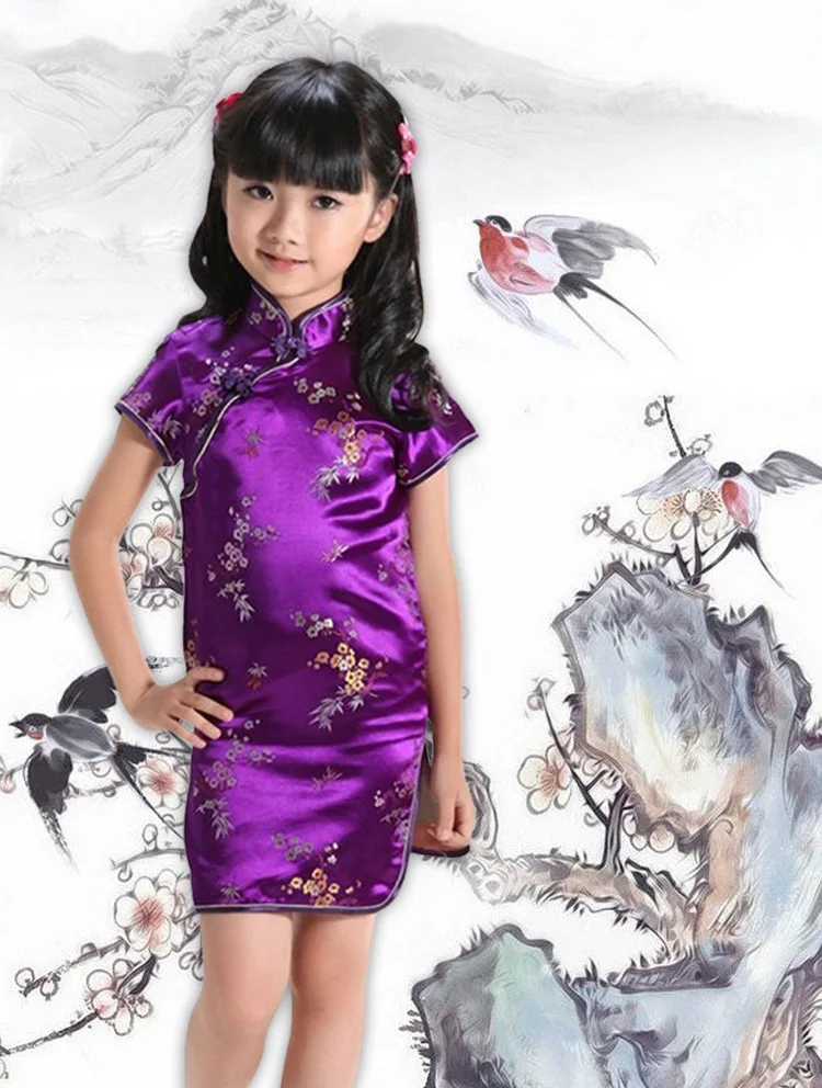 

Shanghai Story Russia Hot sale Chinese Kid Child Girl Flower Cheongsam Dress girls Qipao Faux Silk Clothes free shipping