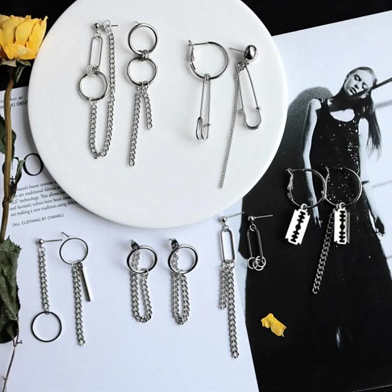 

Timlee E178 Free shipping Personality Retro Geometry Tassels Pin Chain Asymmetric Alloy Drop Earrings Fashion Jewelry Wholesale