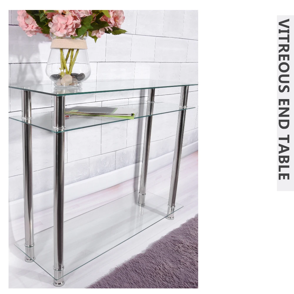 Modern French Style Tempered Glass Vitreous End Table Chrome Console Table Living Room Furniture Dropshipping Modern French Style Tempered Glass Vitreous End Table Chrome Console Table Living Room Furniture Dropshipping