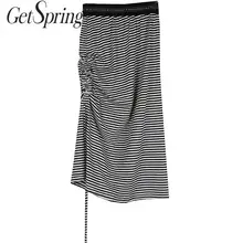 Getвесенняя Женская юбка из хлопка в полоску с высокой талией, юбки со шнурком и эластичной талией, длинная юбка для отдыха, летние юбки