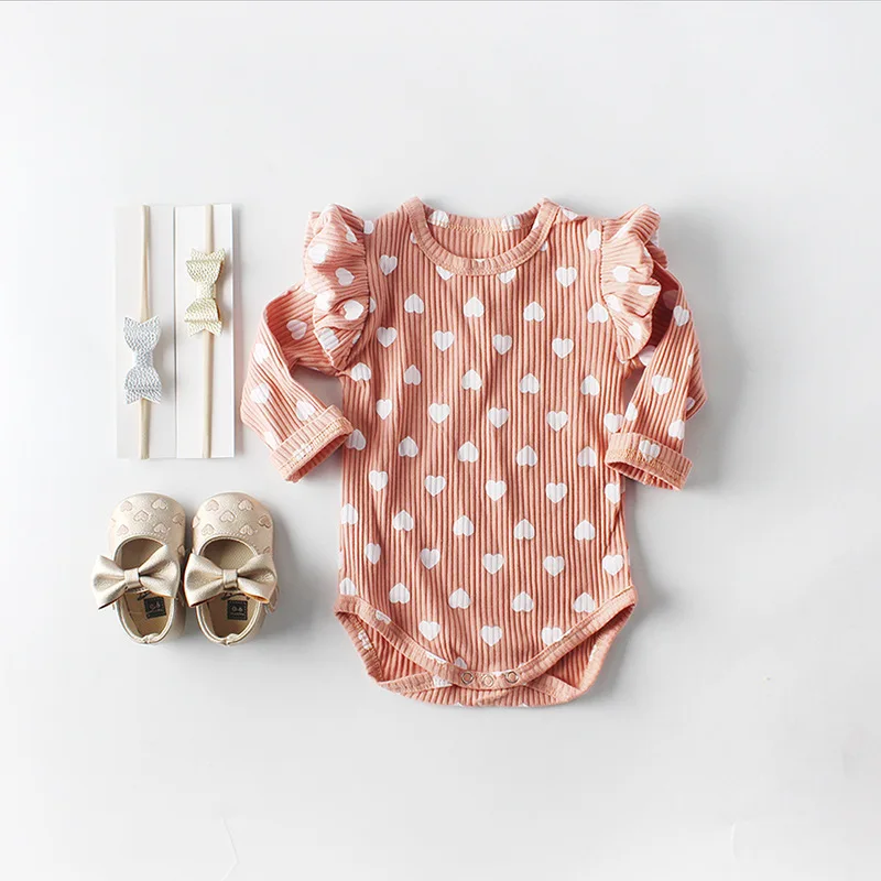 

2019 Spring Autumn Infant Baby Girls Long Sleeve Rompersuit 100% Cotton Babywear Printed Heart Girls One-piece Overall