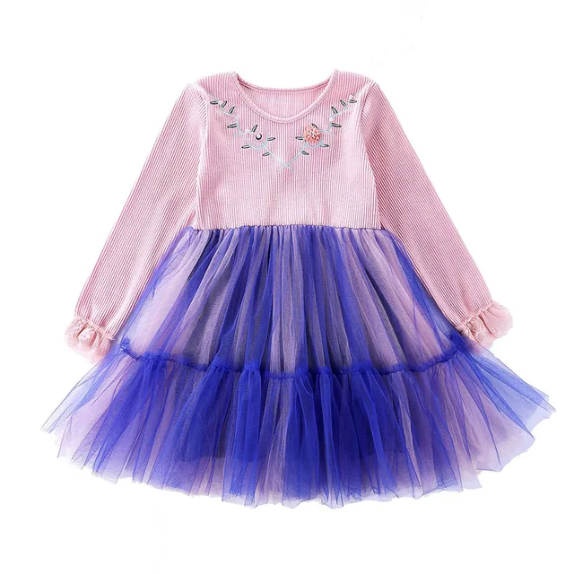 Pink Girls Dress Sweater Kids Dress Embroidery Dress For Girls Mesh